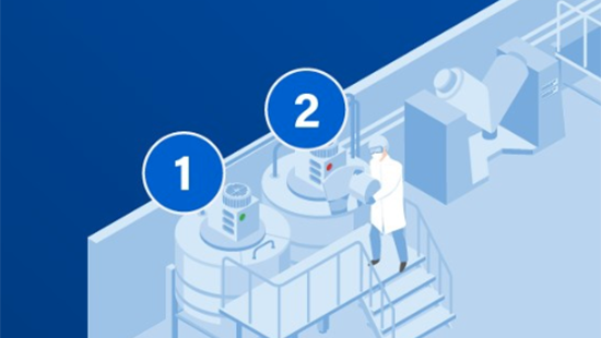 Detail of an illustration of a manufacturing plant with the numbers 1 and 2 pointed out.